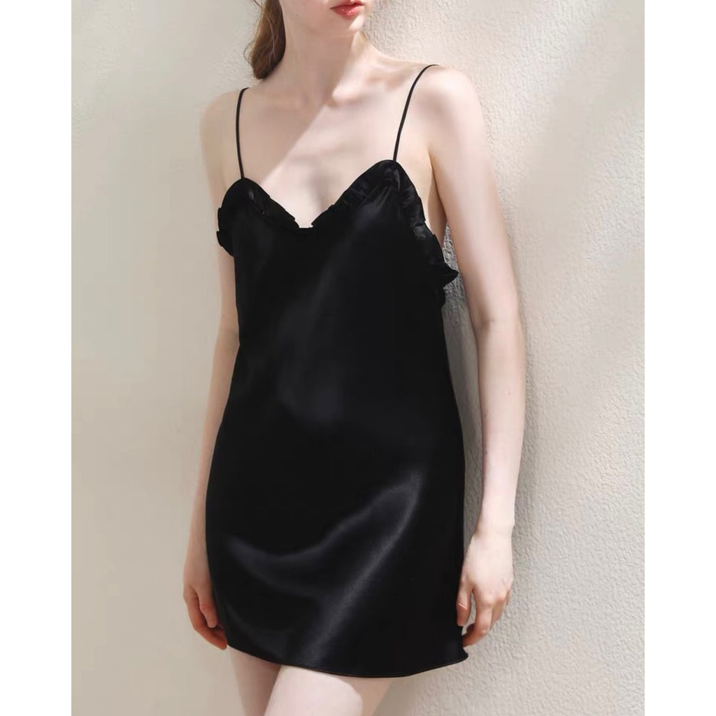 Satin Slip Dress in Black, Spaghetti Strap Silky Nightgown, ANA Dress