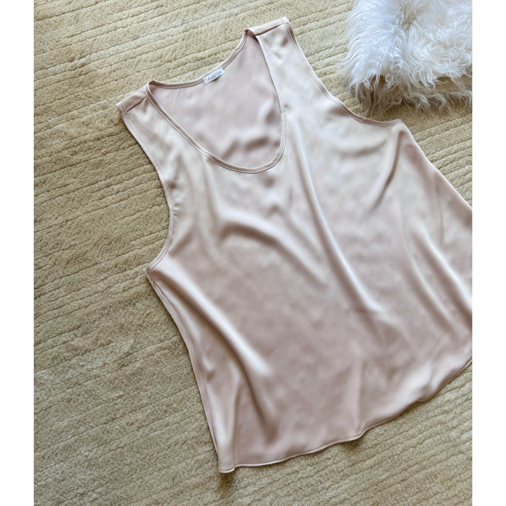 Neutral Pink Satin Pajama Set  – Sleeveless Scoop Neck Top & Shorts EMI