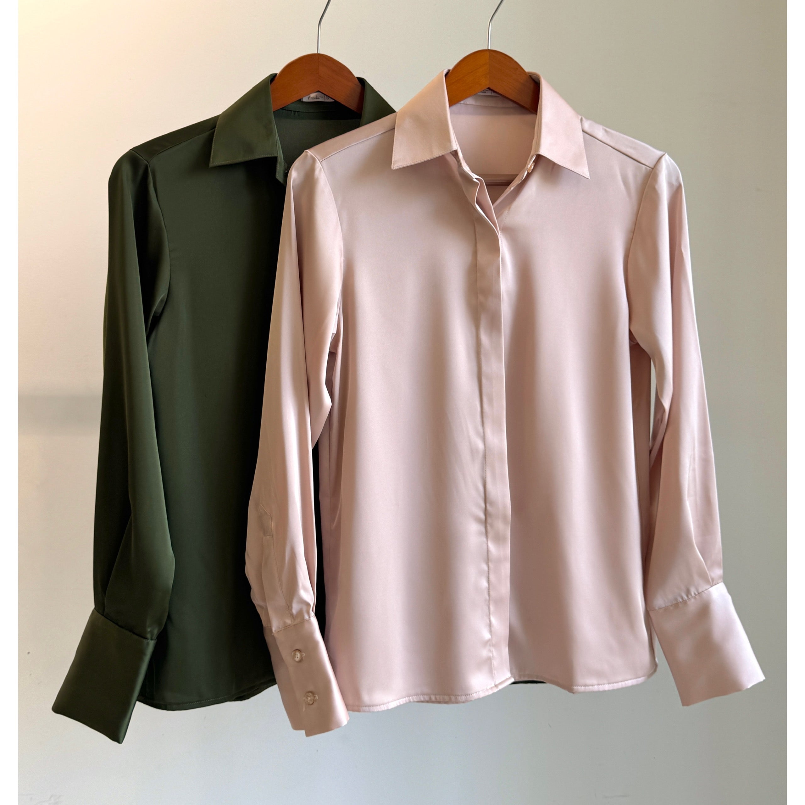 Moss Green, Beige Silky Blouse, Long Sleeve Hidden Button Office Satin Shirt, Siren Shirt
