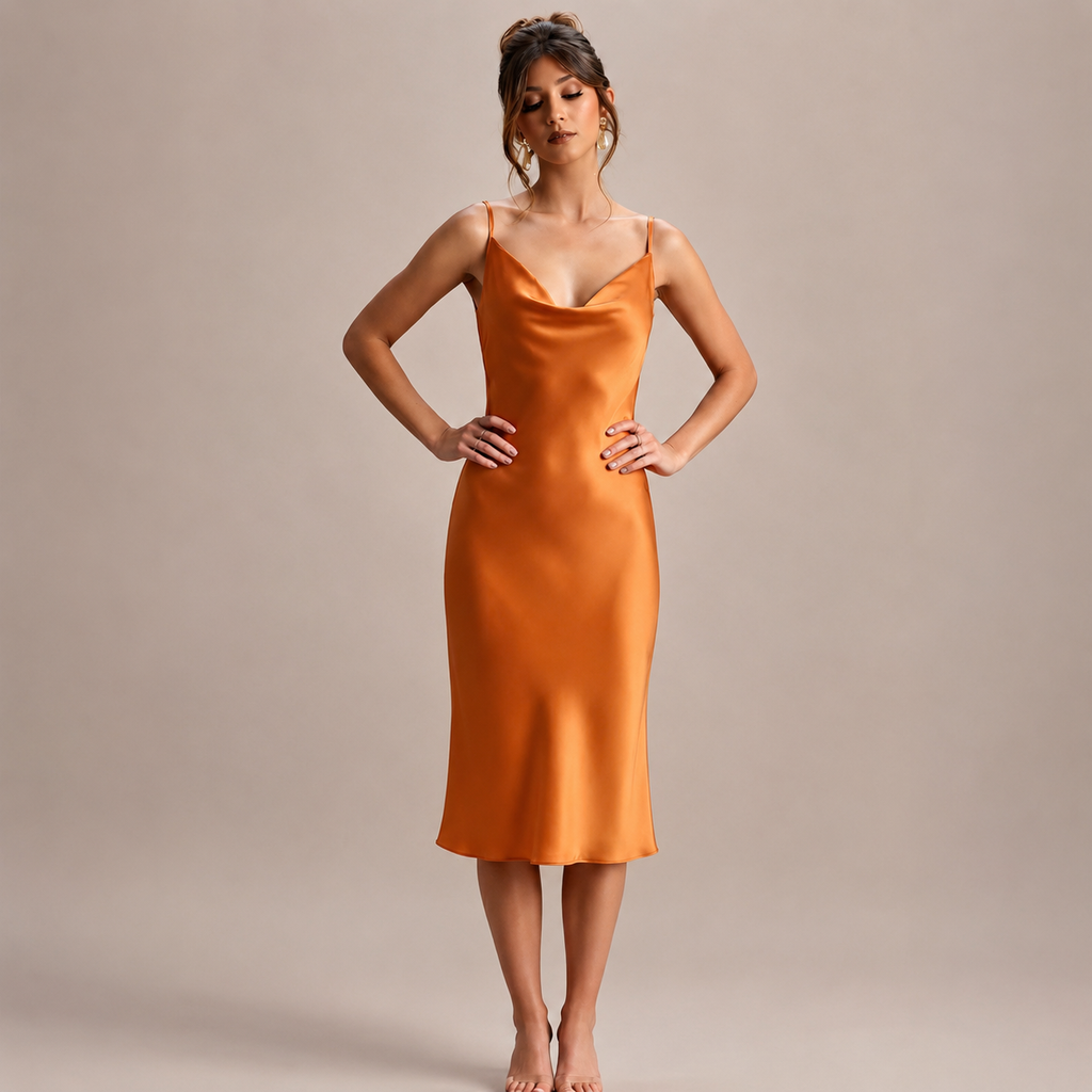 Satin Midi Slip Dress Cowl Neck in Pink, Red, Apricot/Burnt Orange, Silky Nightdress DRDO2