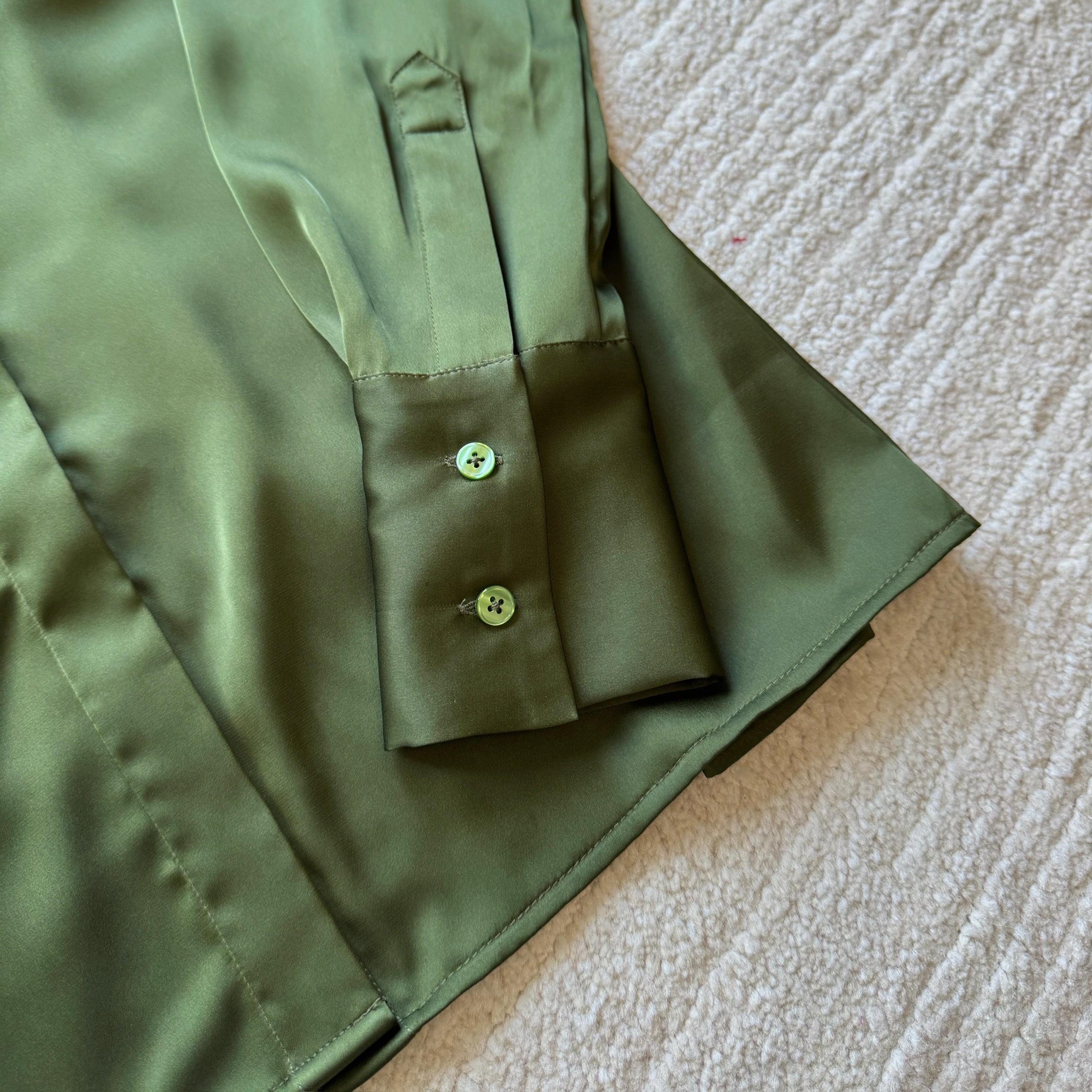 Moss Green, Beige Silky Blouse, Long Sleeve Hidden Button Office Satin Shirt, Siren Shirt