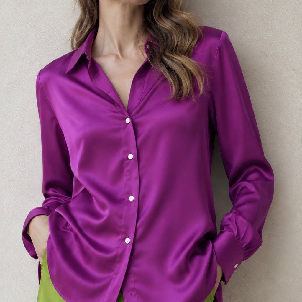 Satin Blouse in Violet, Mint Green, Long Sleeve Shirt, Office Workwear, Kami
