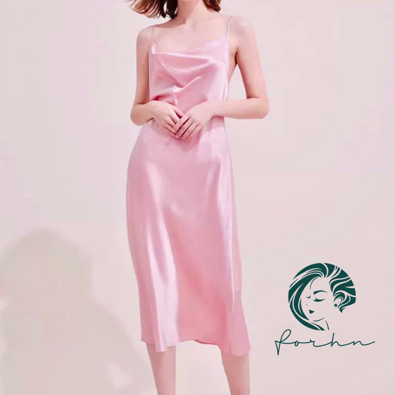 Satin Slip Midi Dress, Cowl Neck Cami Dress in Pink, Apricot, Light-blue, Ladonna