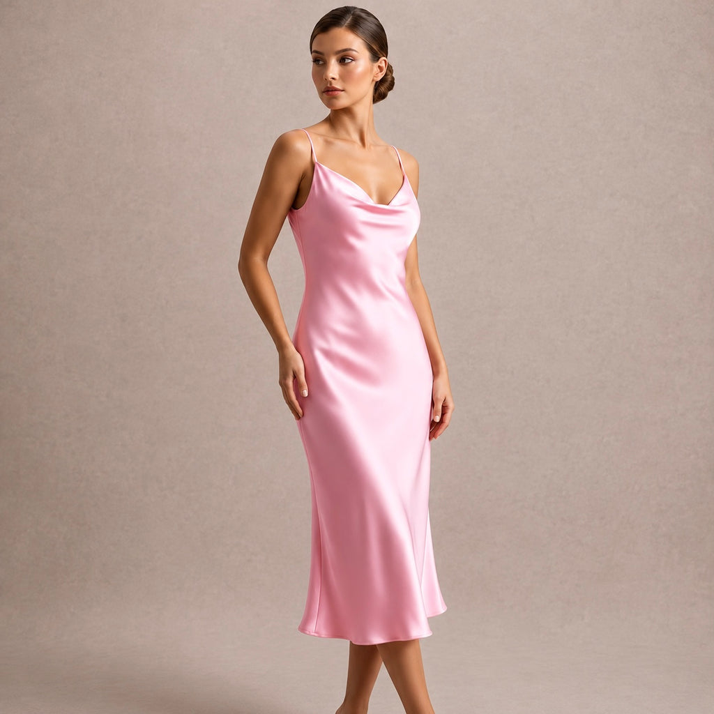 Satin Midi Slip Dress Cowl Neck, Women's Silky Dress Travel & Resort Wear DRDO2