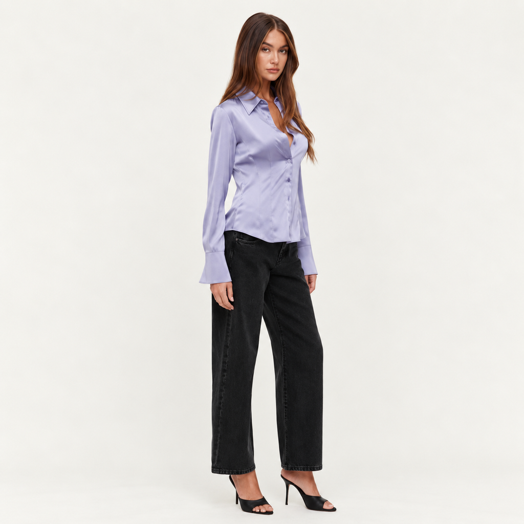 Satin Slim Fit Blouse – Blue Gray, Teal & Lilac, SUNNY Shirt