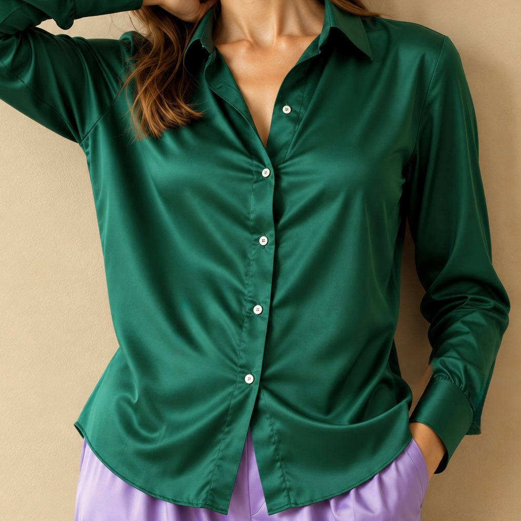 Satin Blouse in Violet, Mint Green, Long Sleeve Shirt, Office Workwear, Kami