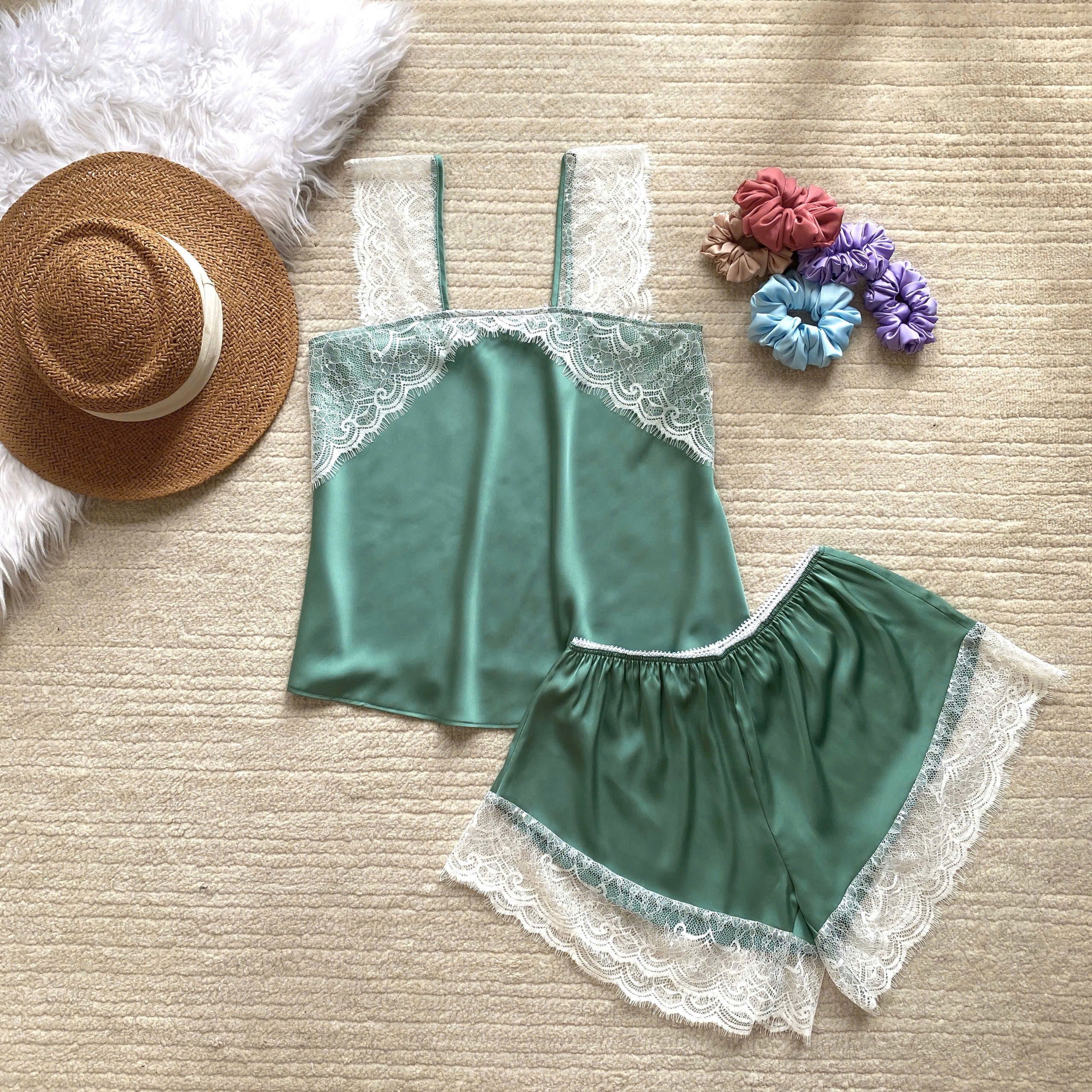 Satin Lace Cami And Shorts Set Cute Loungewear Pajama KRISTAL