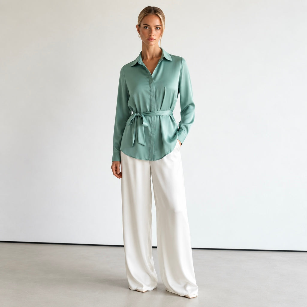Satin Blouse with Tie Bow, Long Sleeve Office Shirt, Vicky