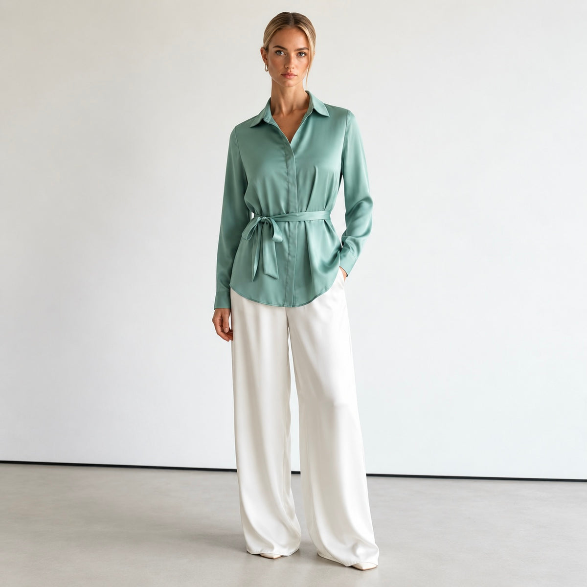 Satin Blouse with Tie Bow, Long Sleeve Office Shirt, Vicky