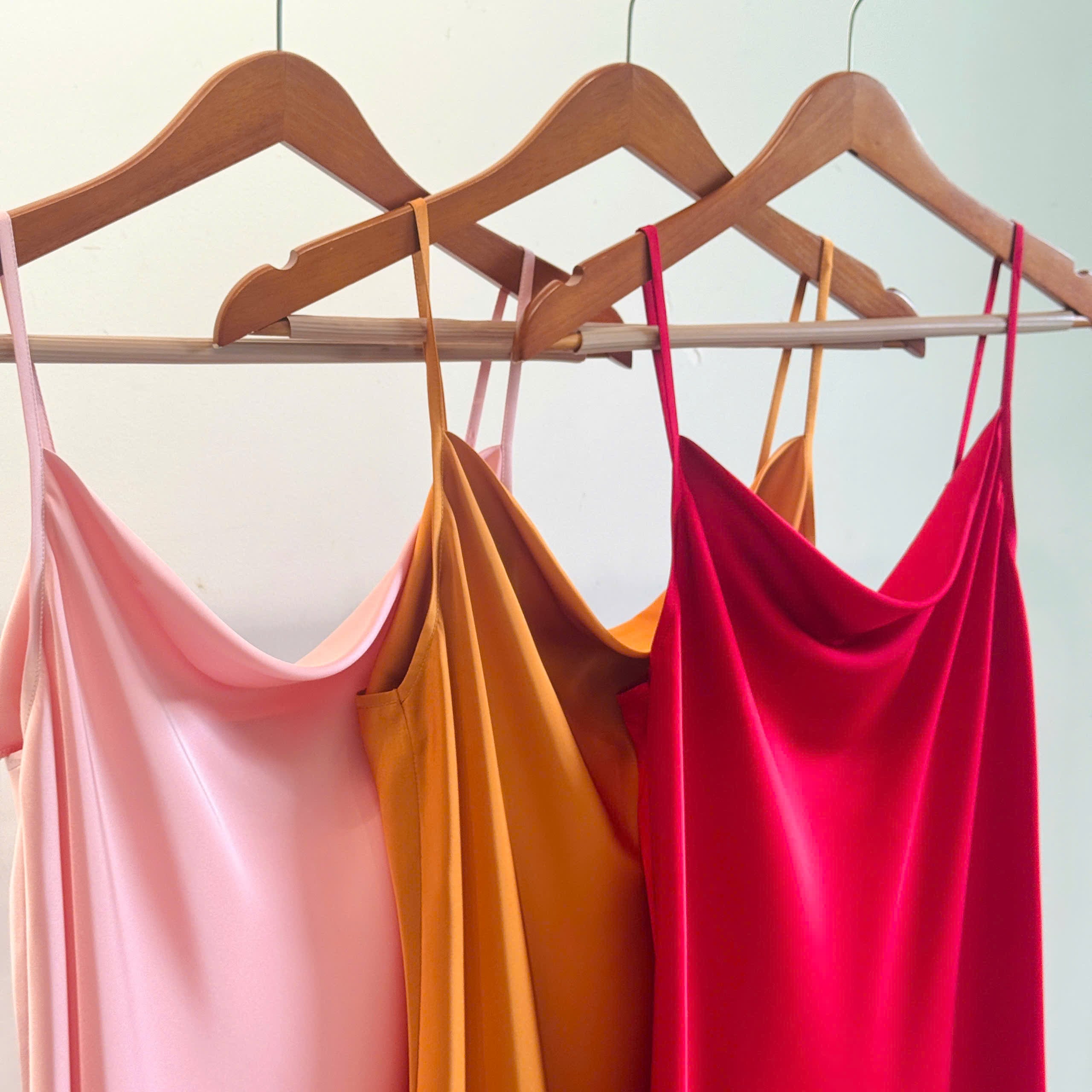 Satin Midi Slip Dress Cowl Neck in Pink, Red, Apricot/Burnt Orange, Silky Nightdress DRDO2