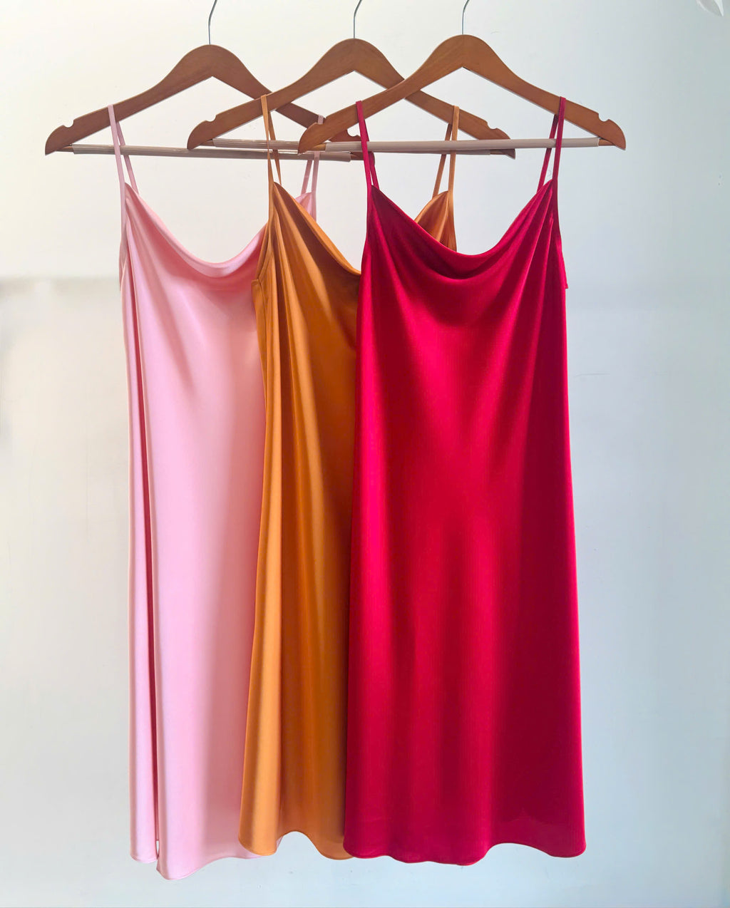 Satin Midi Slip Dress Cowl Neck in Pink, Red, Apricot/Burnt Orange, Silky Nightdress DRDO2