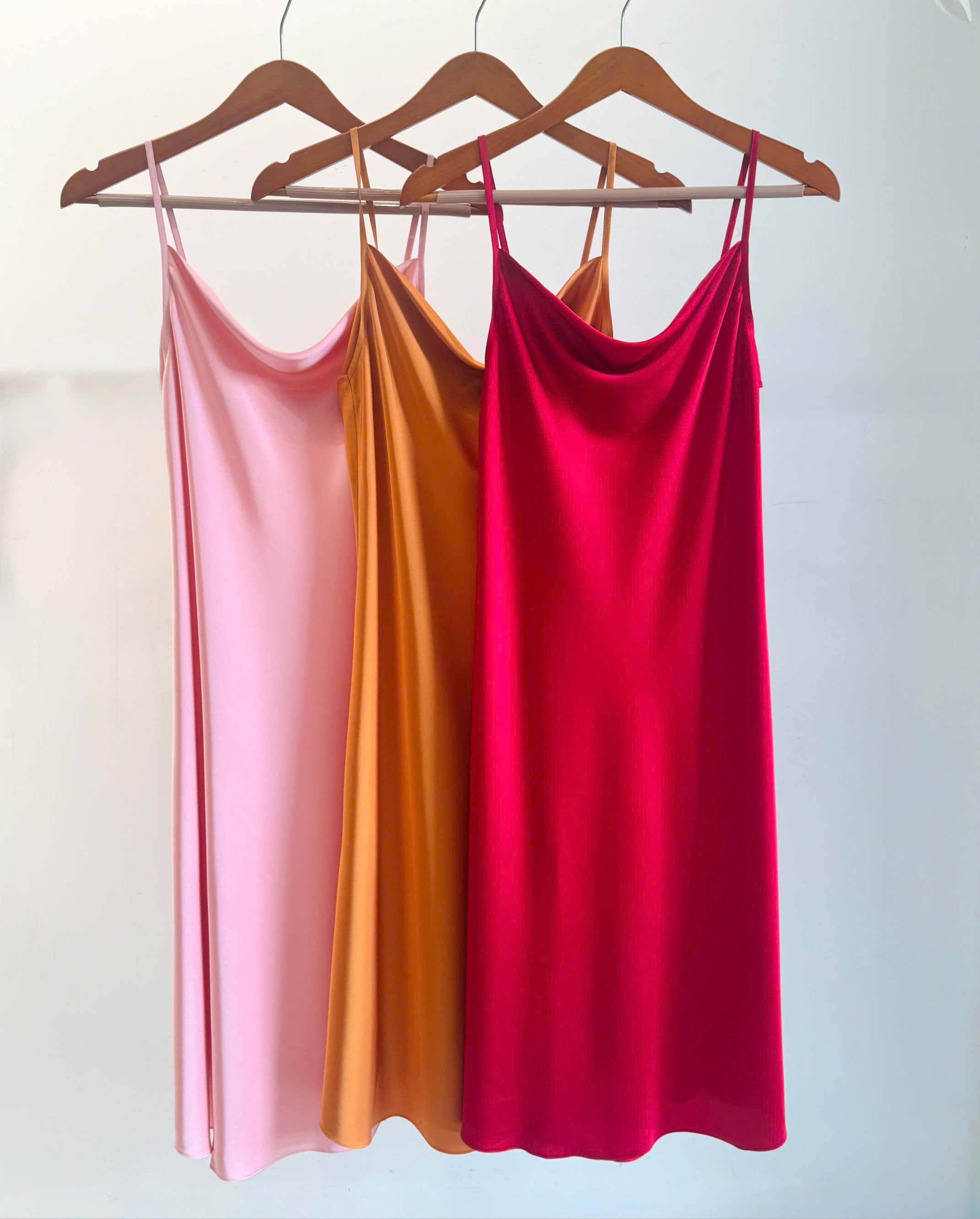 Satin Midi Slip Dress Cowl Neck in Pink, Red, Apricot/Burnt Orange, Silky Nightdress DRDO2