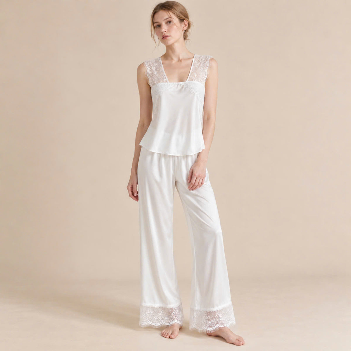 Kristal Long Pants Satin Camisole, Cute Women's Loungewear Pajama Set