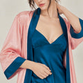 Teal Pink Satin Slip Dress Robe Set, Bridal Party Loungewear