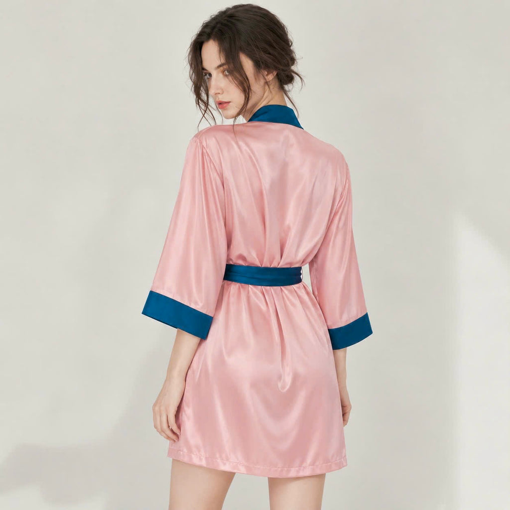 Teal Pink Satin Slip Dress Robe Set, Bridal Party Loungewear