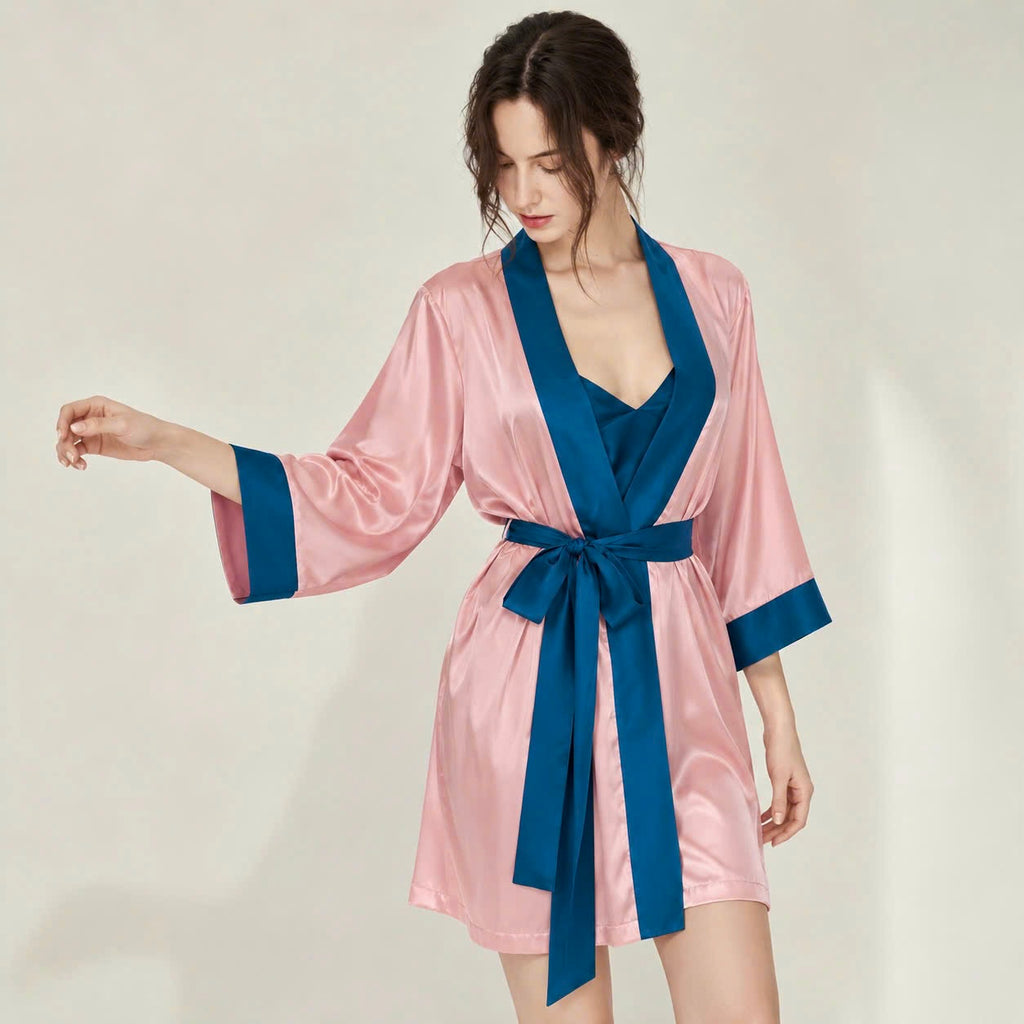 Teal Pink Satin Slip Dress Robe Set, Bridal Party Loungewear