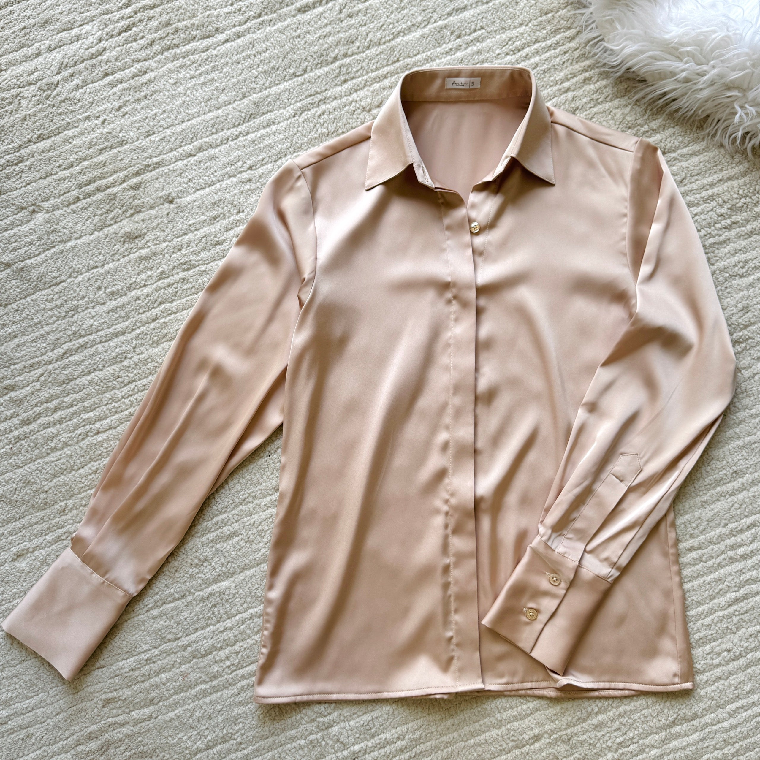 Moss Green, Beige Silky Blouse, Long Sleeve Hidden Button Office Satin Shirt, Siren Shirt