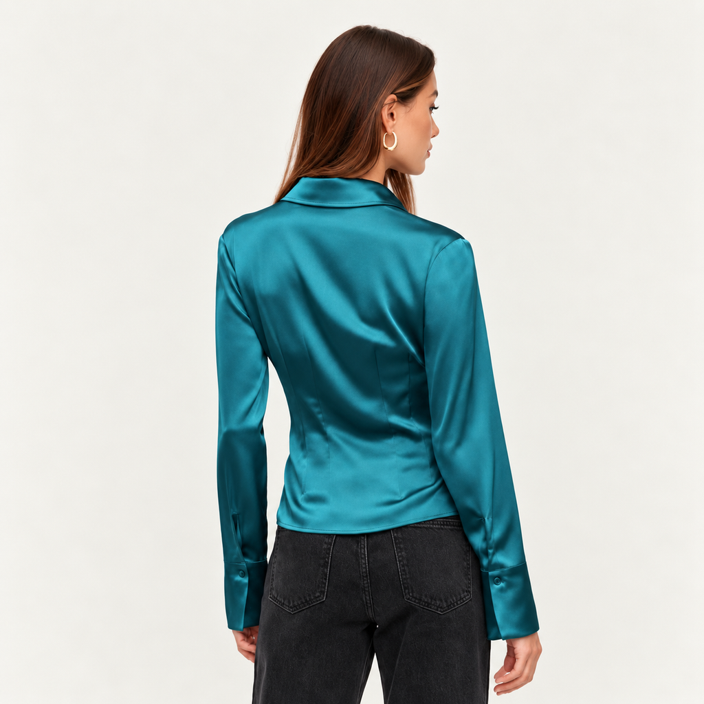 Satin Slim Fit Blouse – Blue Gray, Teal & Lilac, SUNNY Shirt
