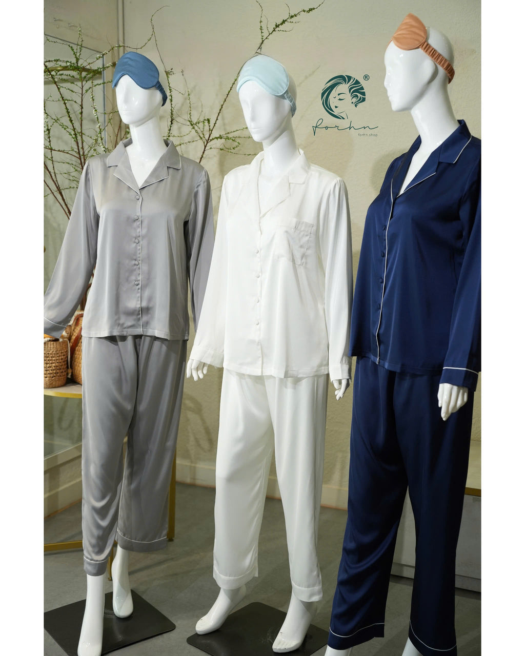 White Satin Pajama Set, Long Sleeve Bridal PJs NUTBOC