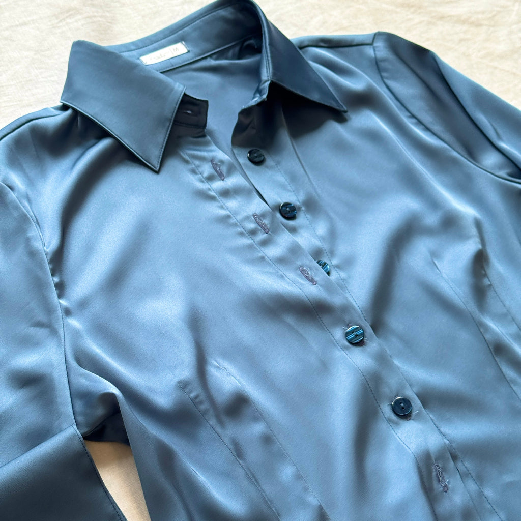 Satin Slim Fit Blouse – Blue Gray, Teal & Lilac, SUNNY Shirt