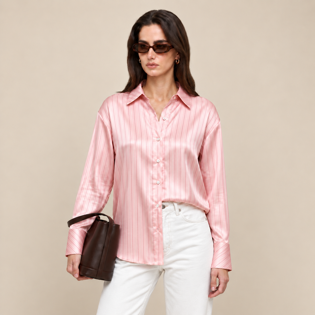 Pink & Gold Sparkle Stripe Satin Blouse – Satin Skirt, Chloe Set