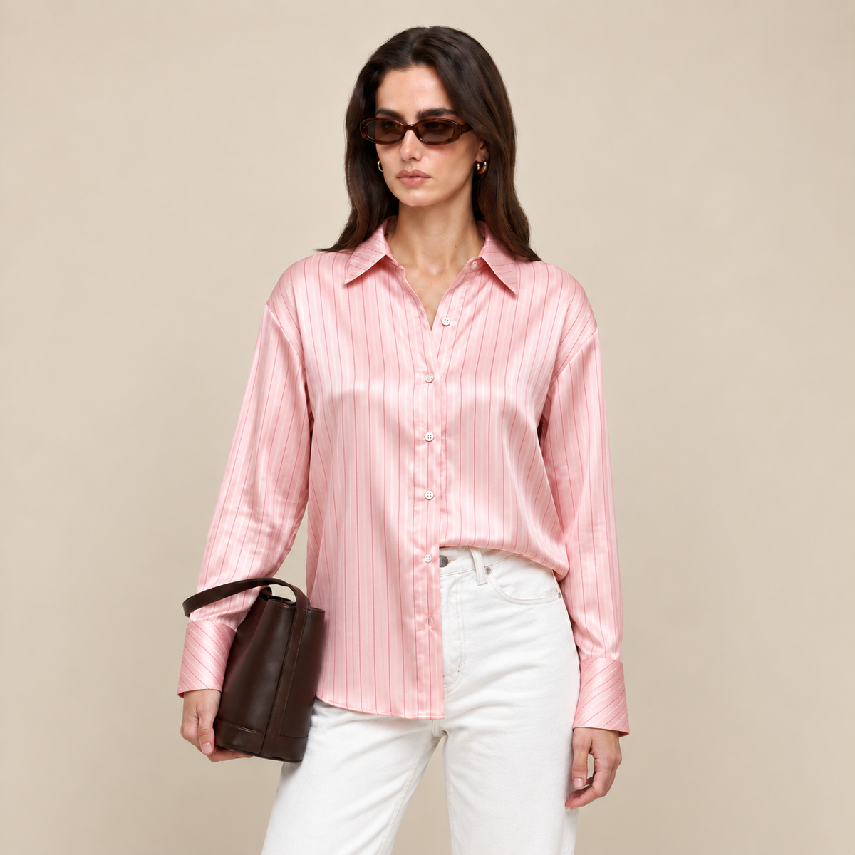 Pink & Gold Sparkle Stripe Satin Blouse – Satin Skirt, Chloe Set