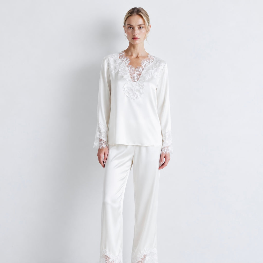Lace Satin Pajama Set, Long Sleeves Pants Set, Gift for her, Rosalie