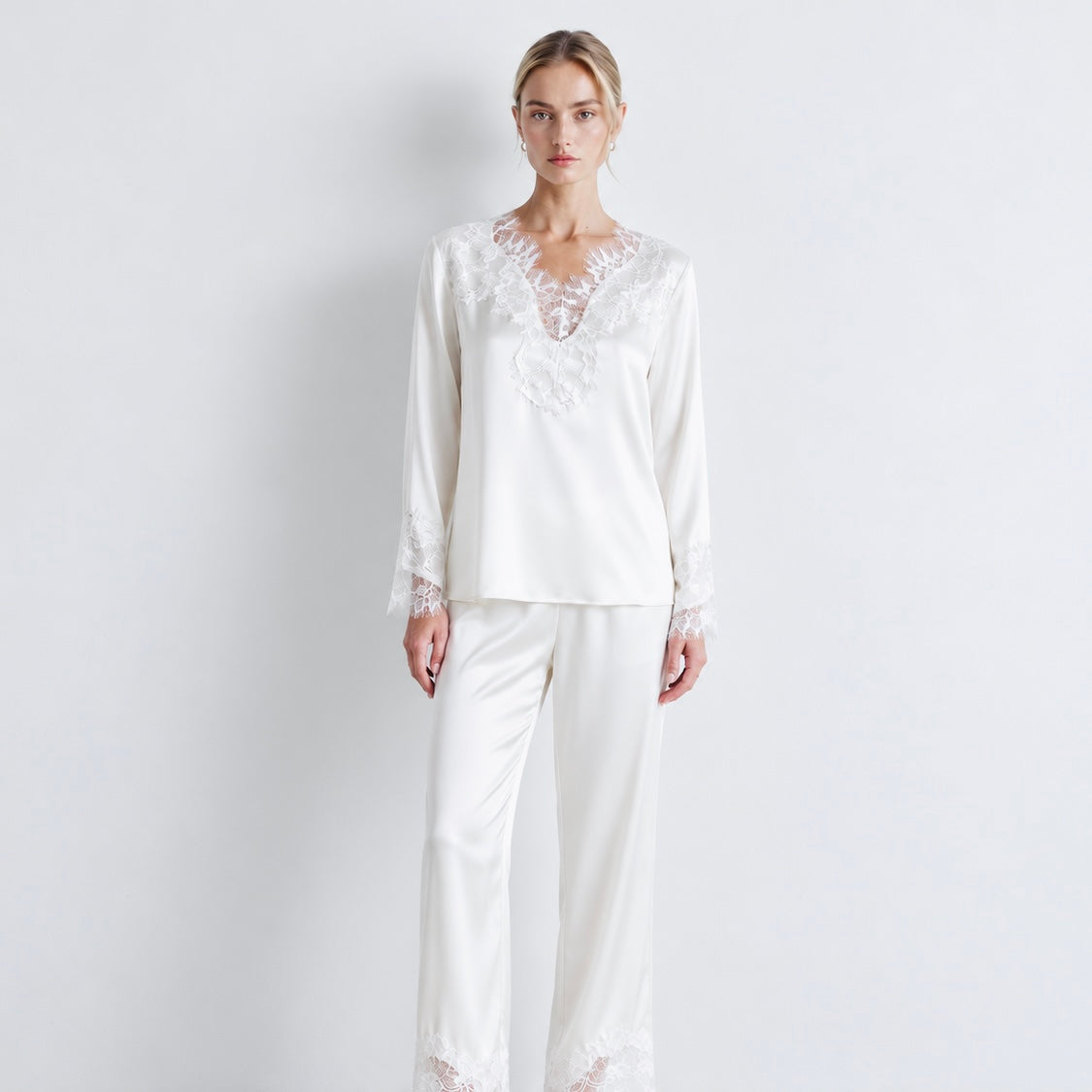 Lace Satin Pajama Set, Long Sleeves Pants Set, Gift for her, Rosalie