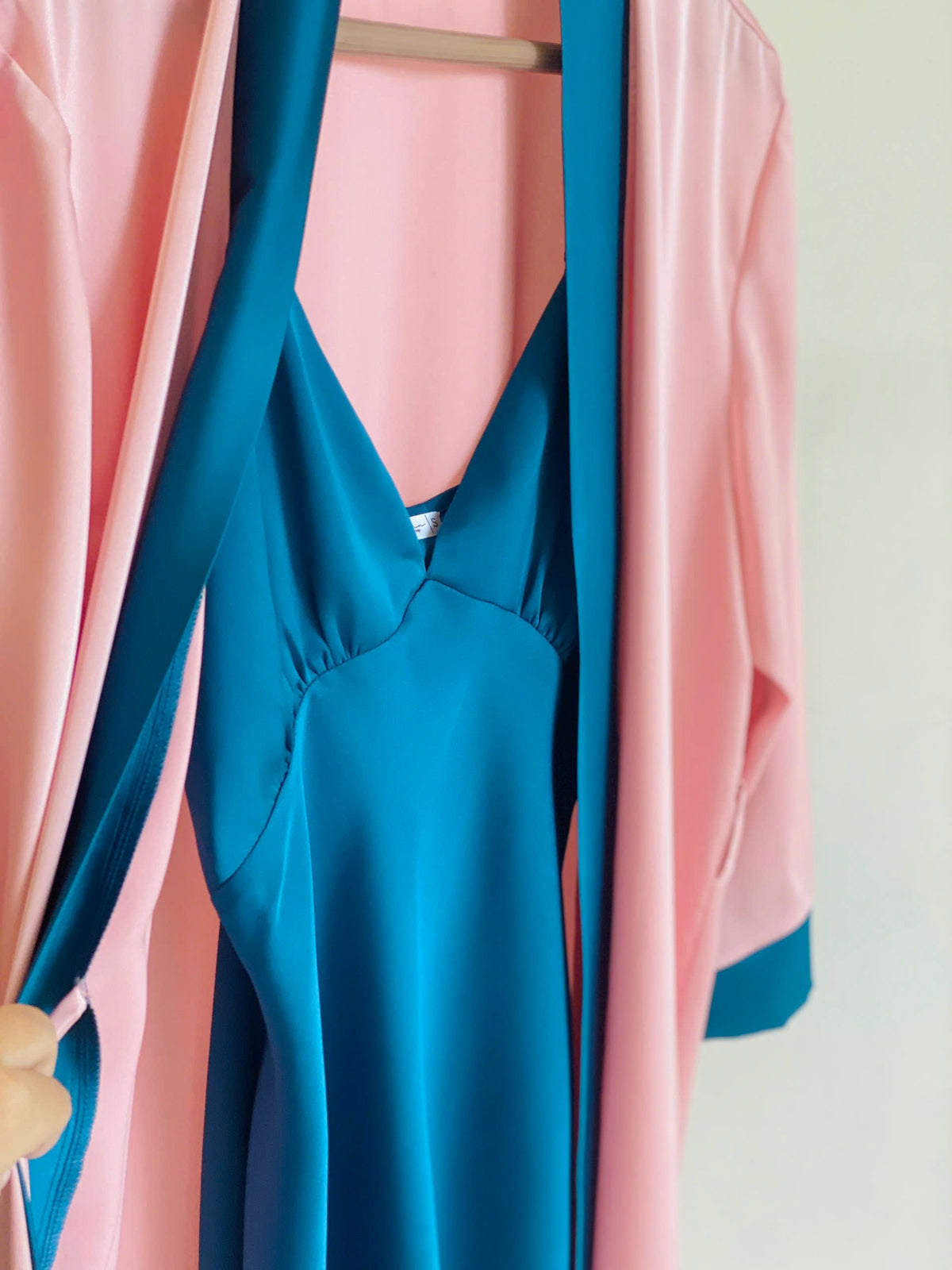 Teal Pink Satin Slip Dress Robe Set, Bridal Party Loungewear