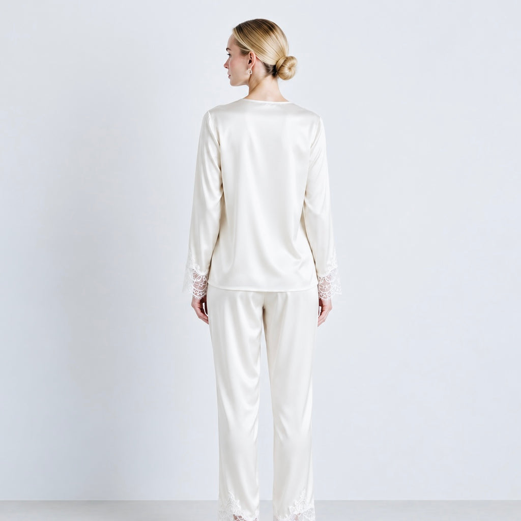 Lace Satin Pajama Set, Long Sleeves Pants Set, Gift for her, Rosalie