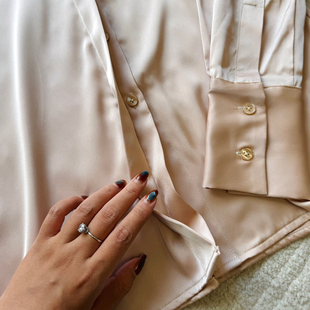 Moss Green, Beige Silky Blouse, Long Sleeve Hidden Button Office Satin Shirt, Siren Shirt