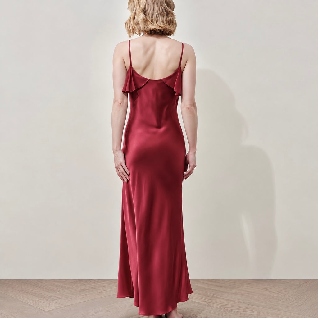 Isla Satin Ruffle Maxi Nightgown – V Neck Silky Dress, Wife Gift