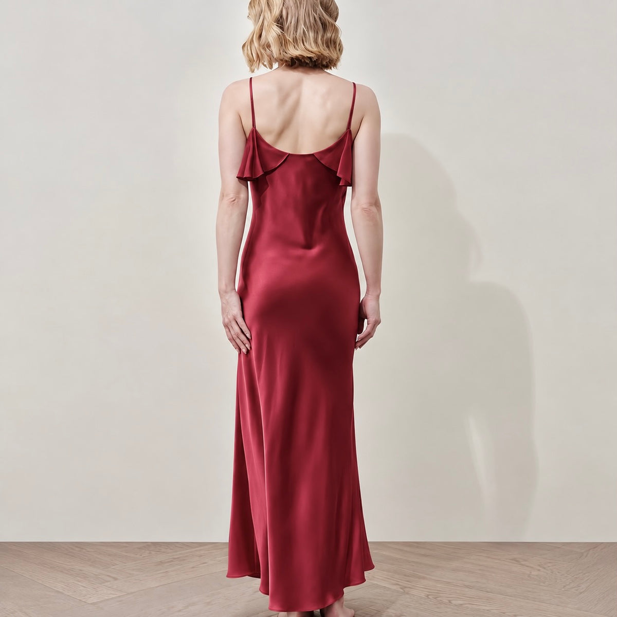 Isla Satin Ruffle Maxi Nightgown – V Neck Silky Dress, Wife Gift