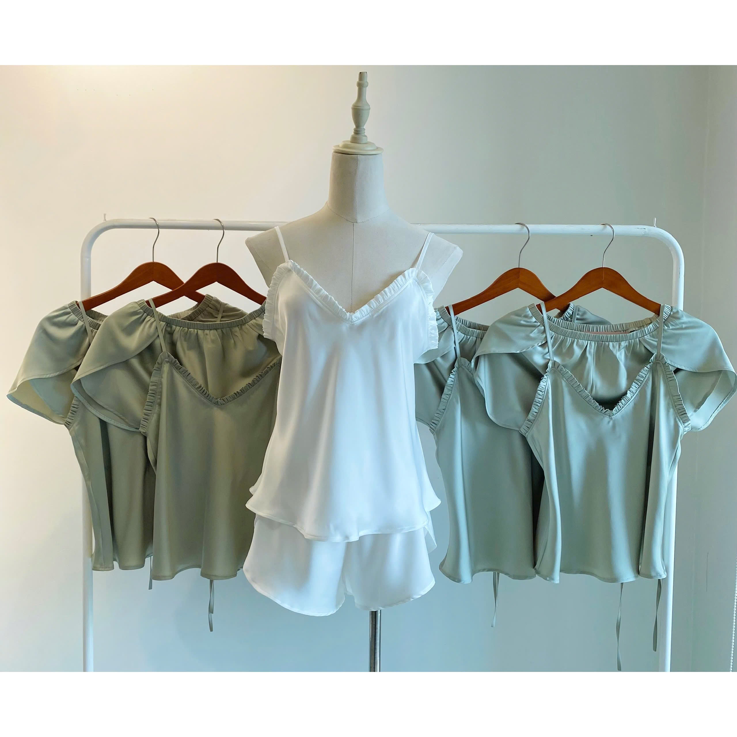 Satin Camisole Set: White, Olive Green, SANA Set