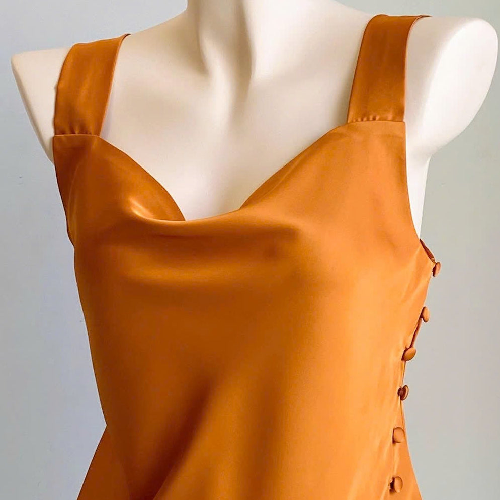 Cowl Neck Satin Mini Slip Dress – Sexy Nightgown with High Side Slit & Button Details - ANTONIA Dress