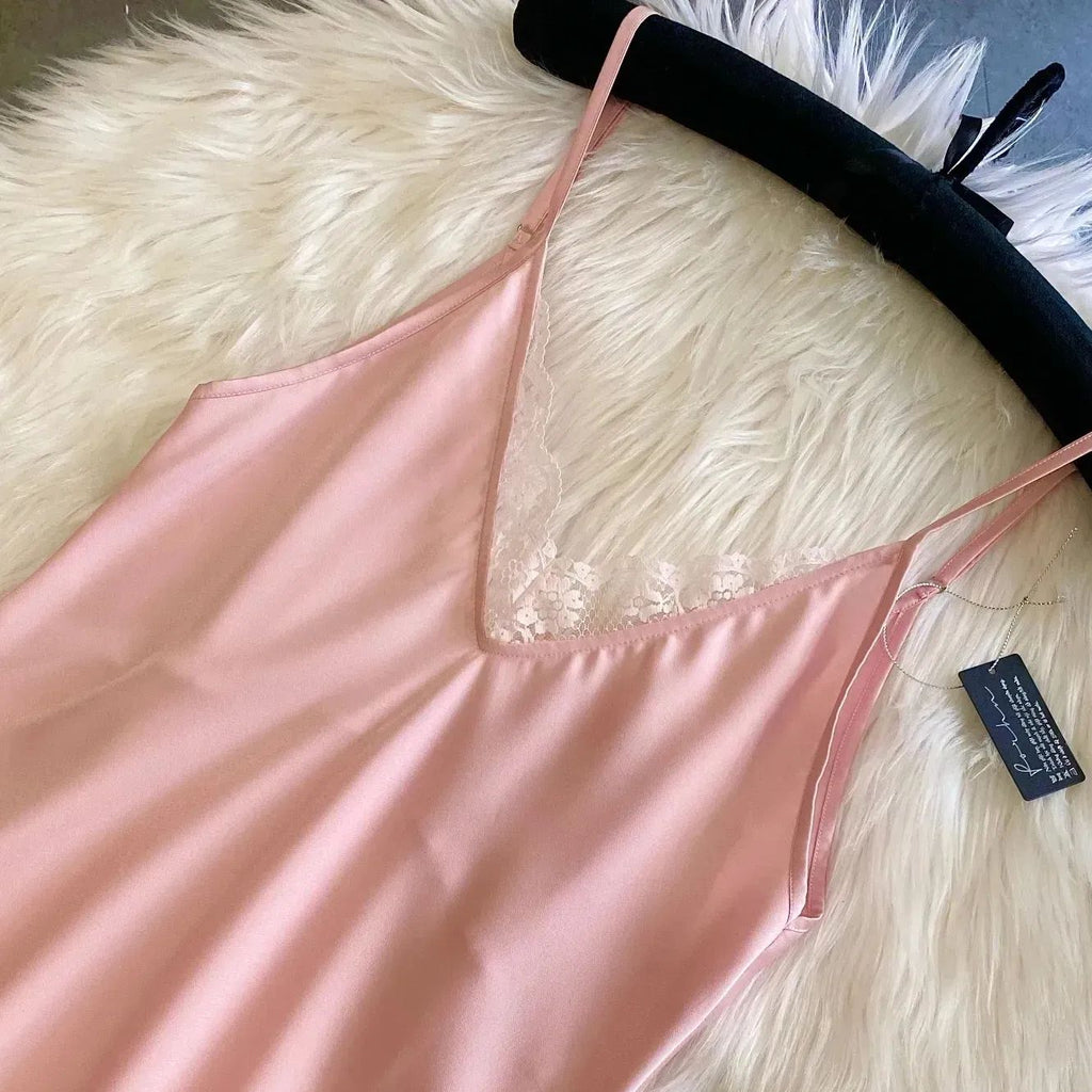 Backless Satin Slip Dress, Lace Trim Cami Nightgown, Summer Nightdress, Rosie Dress