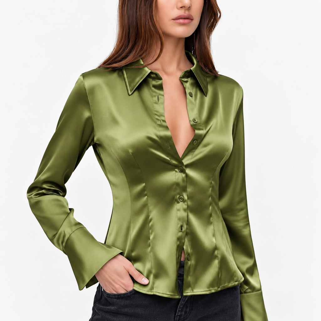 Satin Slim Shirt – Elegant Long Sleeve Blouse, SUNNY