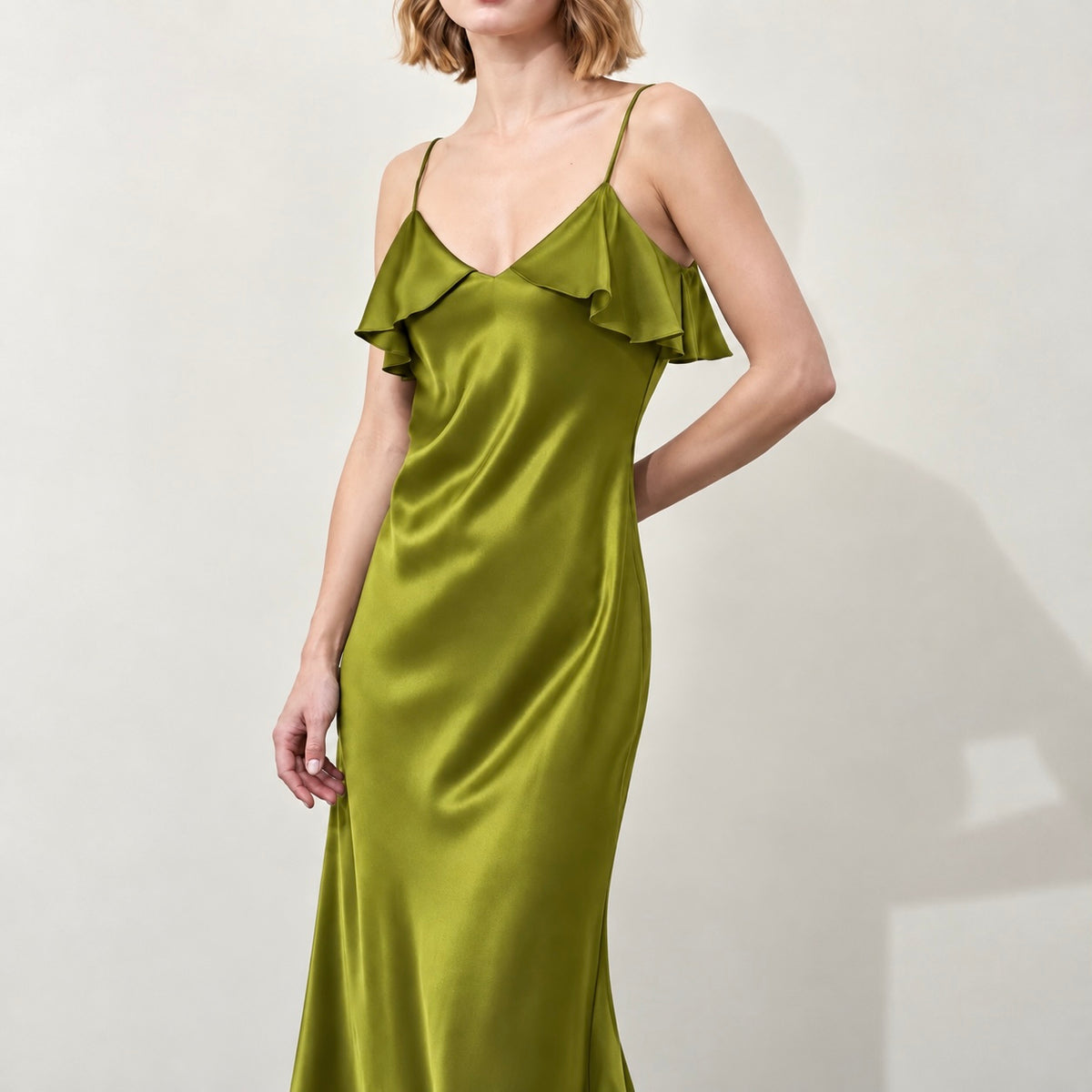 Isla Satin Ruffle Maxi Nightgown – V Neck Silky Dress, Wife Gift