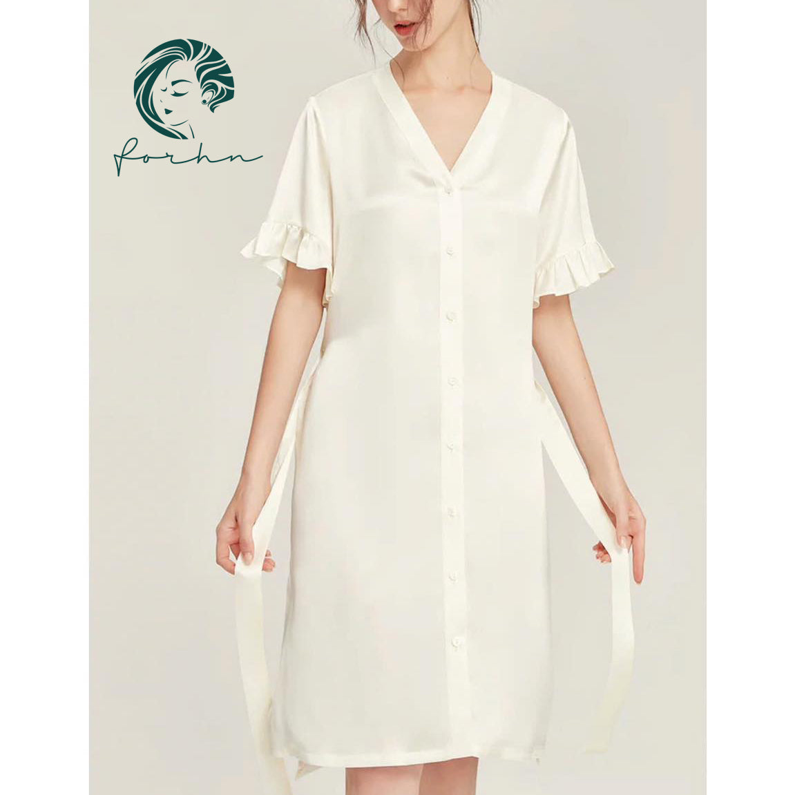 Lizzy Satin Ruffle 3/4 Sleeve Feminine Satin Nightgown Gift For Her