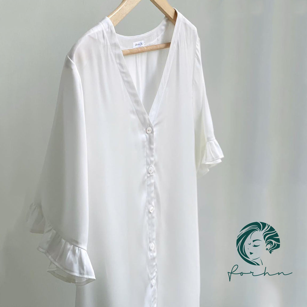 Lizzy Satin Ruffle 3/4 Sleeve Feminine Satin Nightgown Gift For Her