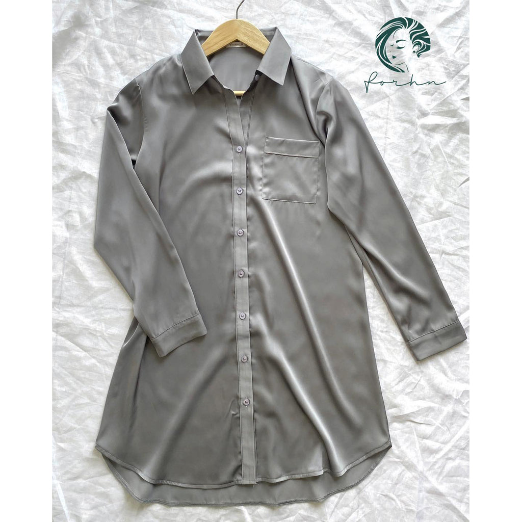 SOMI1 Satin Nightshirt for Women, Long Sleeve Button Down Sleepwear, Silky Pajama Dress
