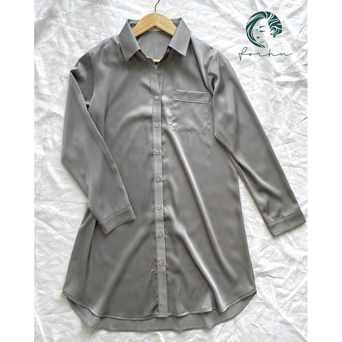 SOMI1 Satin Nightshirt for Women, Long Sleeve Button Down Sleepwear, Silky Pajama Dress