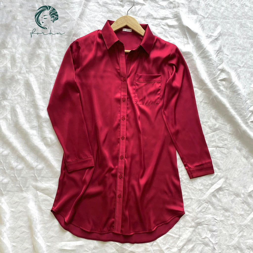 SOMI1 Satin Nightshirt for Women, Long Sleeve Button Down Sleepwear, Silky Pajama Dress