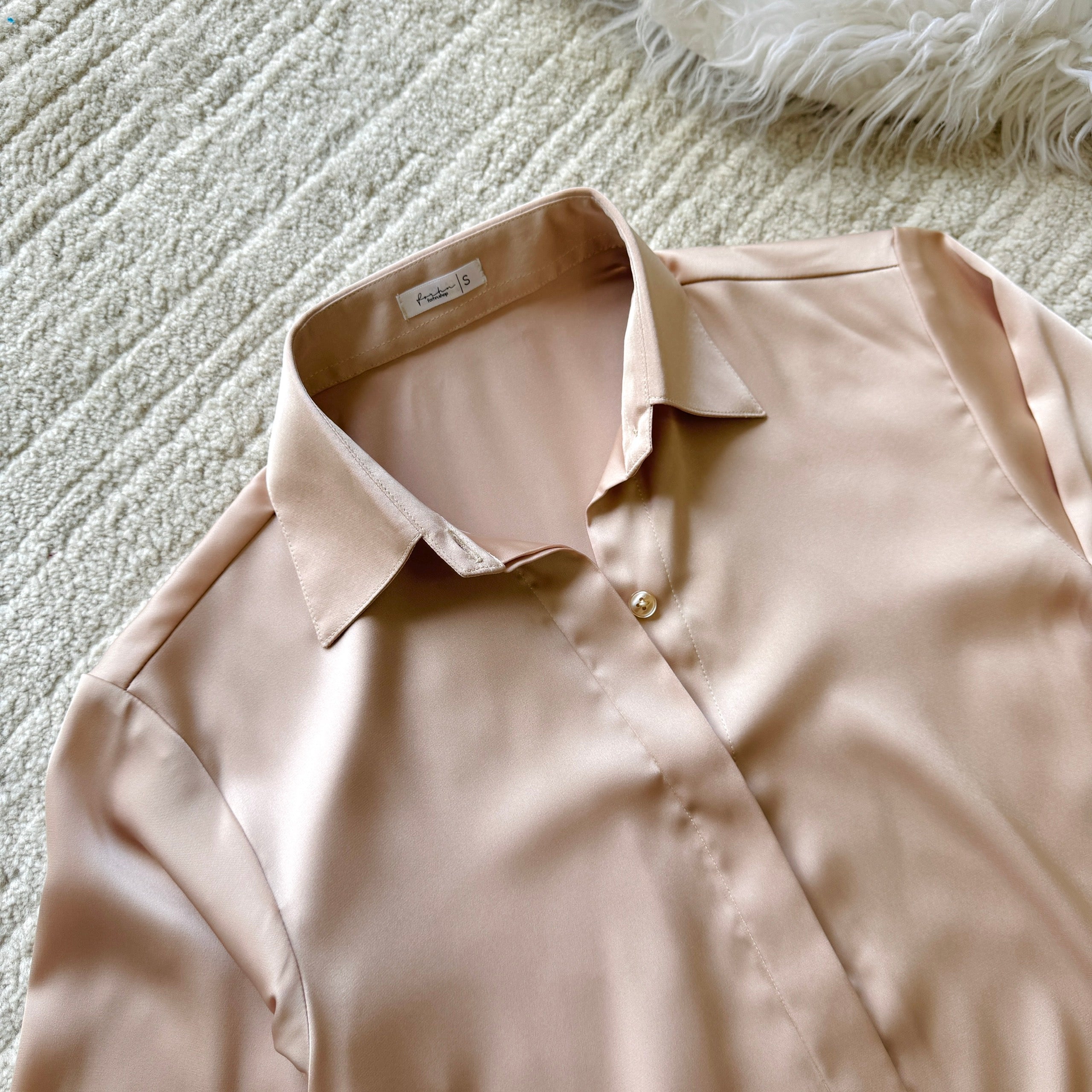 Moss Green, Beige Silky Blouse, Long Sleeve Hidden Button Office Satin Shirt, Siren Shirt