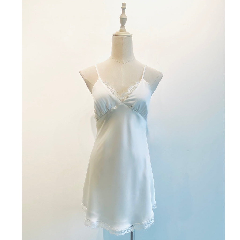 White Satin Lace Slip Dress, Fully Lined – Romantic Cami Nightgown - Elegant Sleepwear KEVI