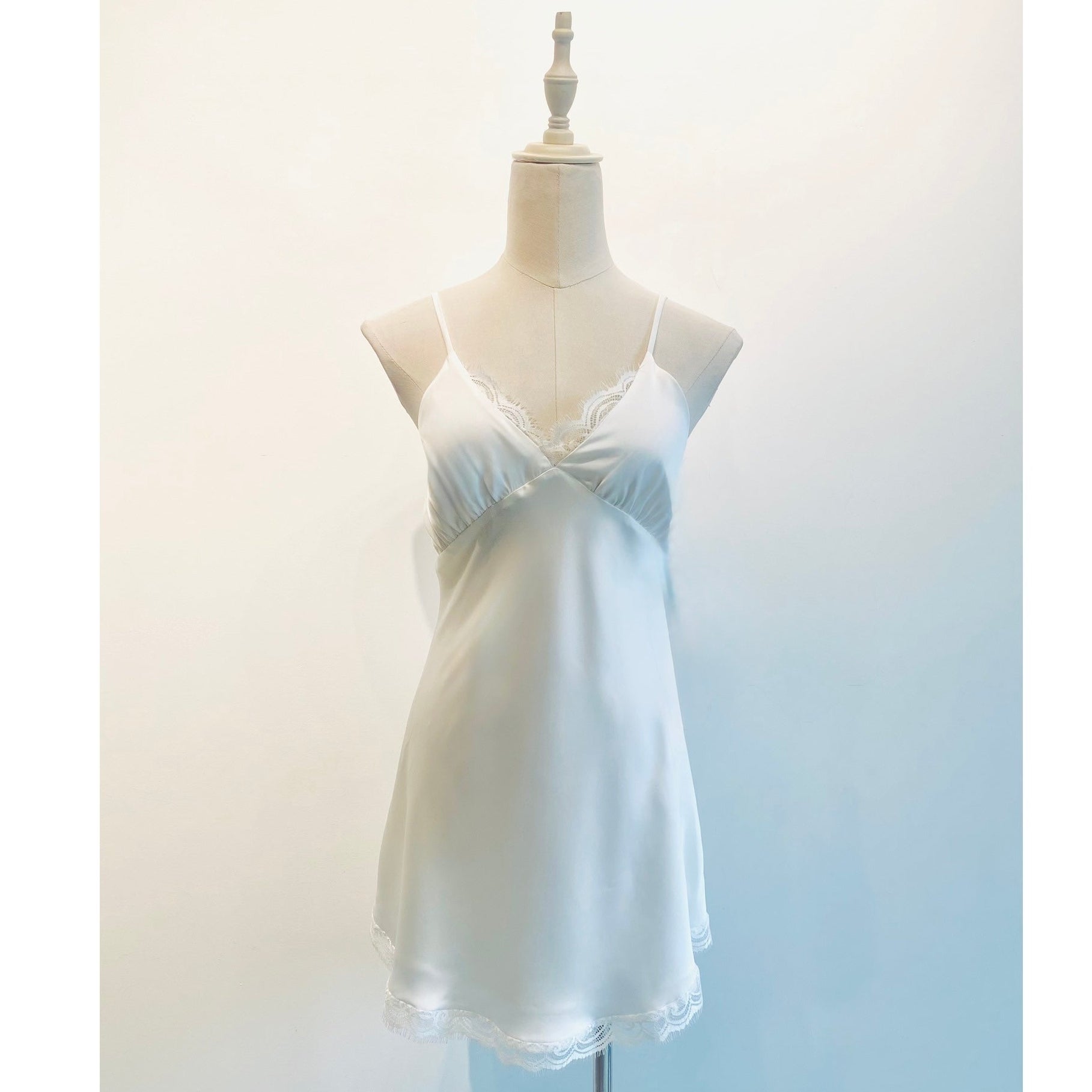 White Satin Lace Slip Dress, Fully Lined – Romantic Cami Nightgown - Elegant Sleepwear KEVI