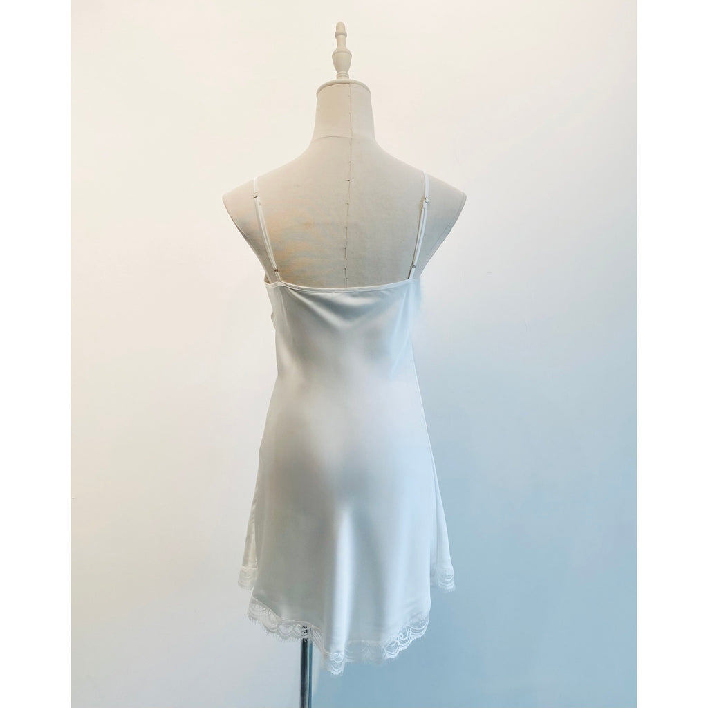 White Satin Lace Slip Dress, Fully Lined – Romantic Cami Nightgown - Elegant Sleepwear KEVI