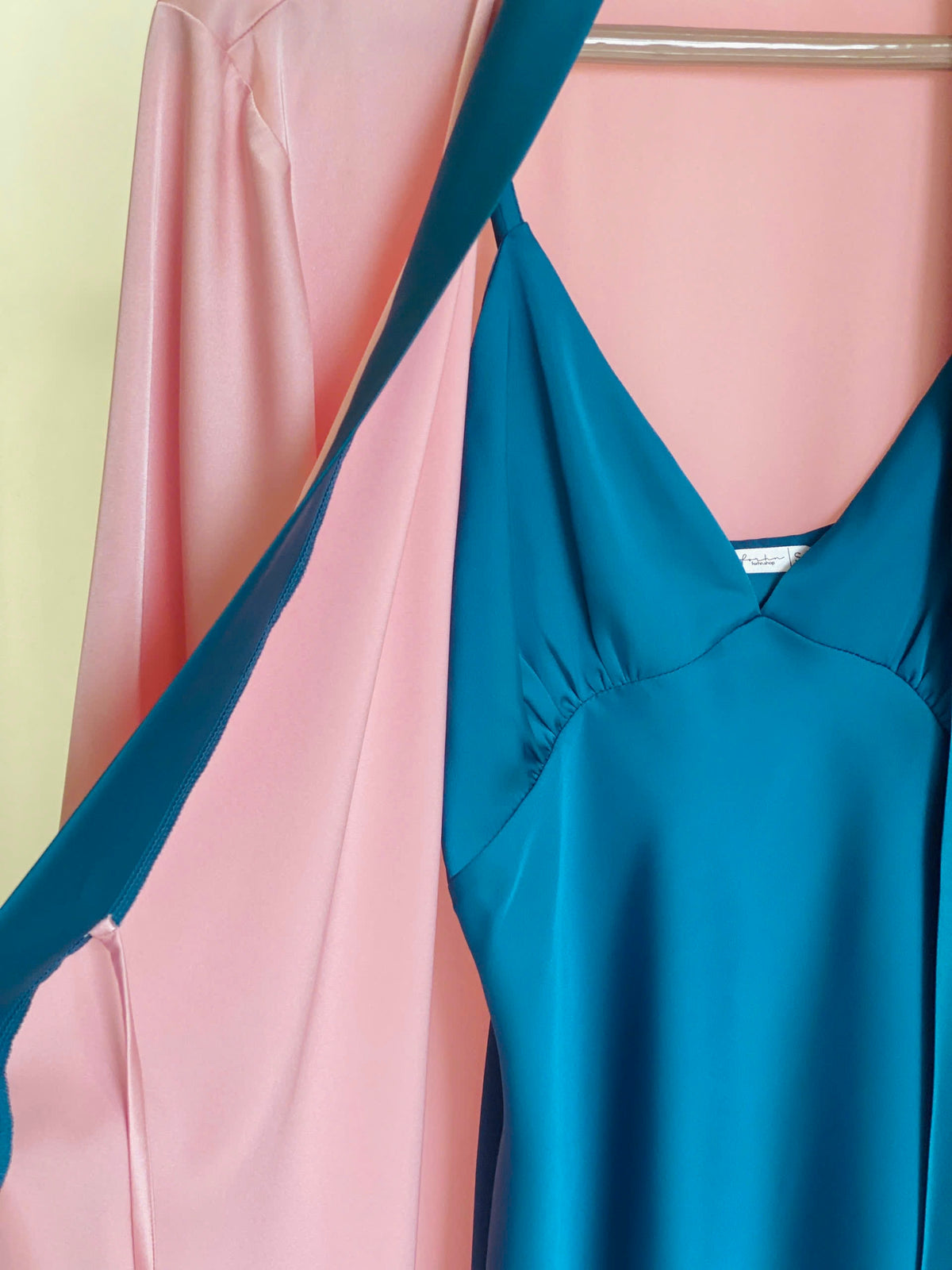 Teal Pink Satin Slip Dress Robe Set, Bridal Party Loungewear