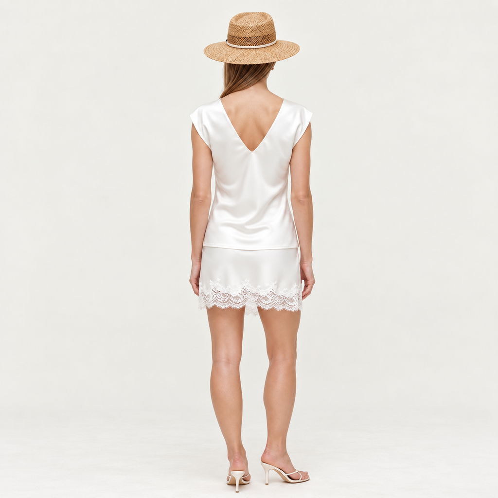 White Satin V-Neck Blouse - Lace Mini Skirt Separates- MiuSet