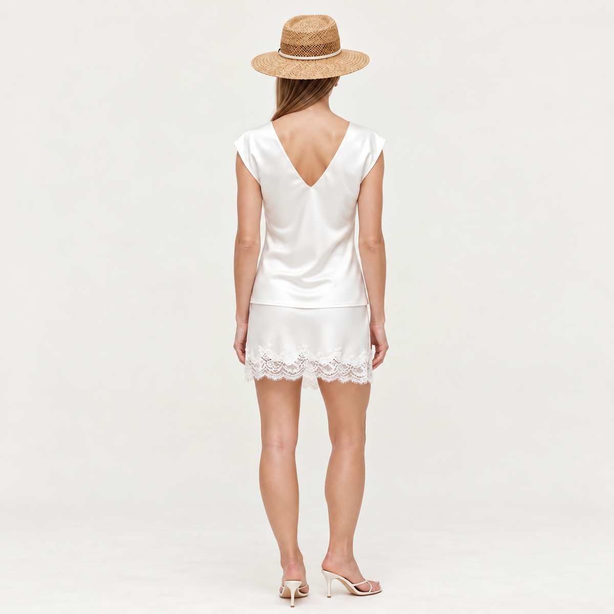 White Satin V-Neck Blouse - Lace Mini Skirt Separates- MiuSet